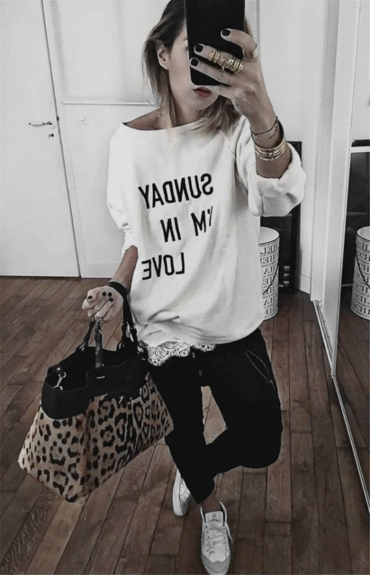 Damski Sweter – Oversized Krój – Nadruk Sloganowy – Miękka Bawełna – Długie Rękawy