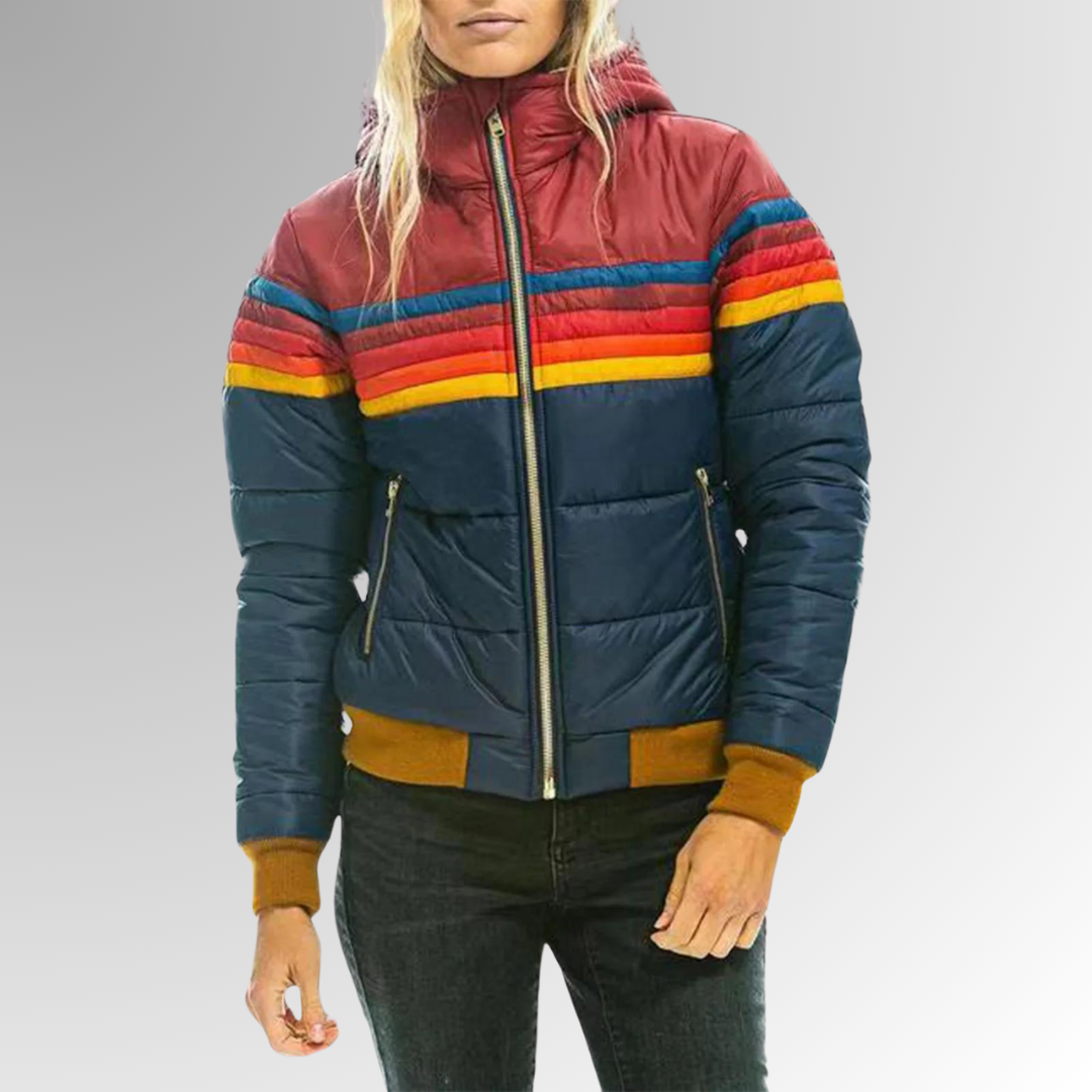 Kobieca Wodoodporna Kurtka Puchowa – Zimowa Kurtka z Kapturem w Stylu Colorblock