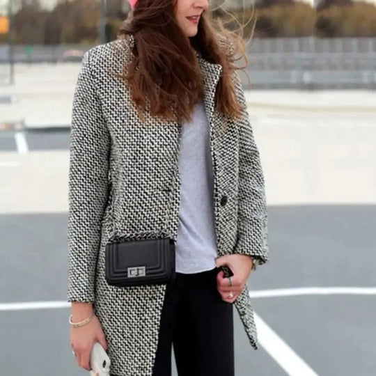 Clara - Stylowy Długi Płaszcz w Wzór Houndstooth