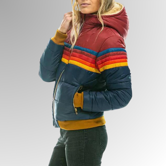 Kobieca Wodoodporna Kurtka Puchowa – Zimowa Kurtka z Kapturem w Stylu Colorblock