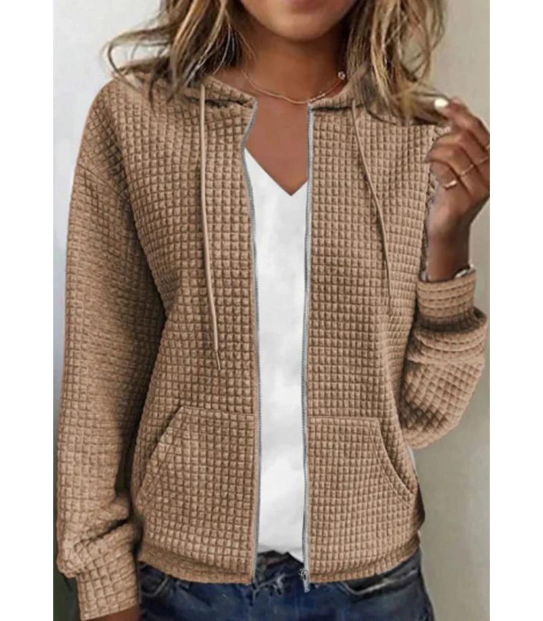Kobieta | Teksturowana Bluza z Kapturem na Zamek | Przedni Zamek | Praktyczne Kieszenie | Nowoczesny Styl Casualowy