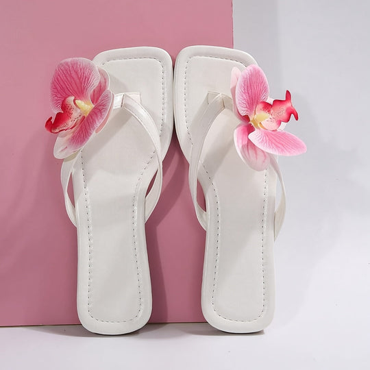 Yumea | Klapki damskie z kwiatami orchidei - Lekkie klapki na lato