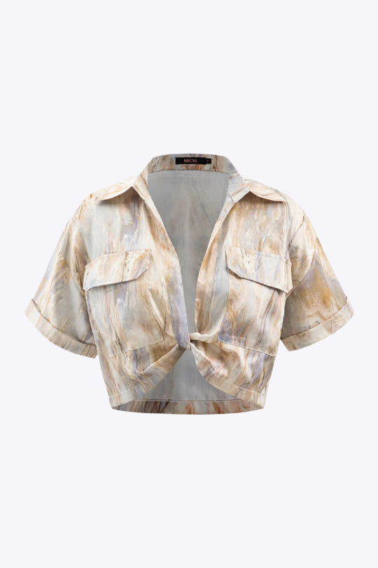 Wilderose - Elegancka Bluzka Crop z Marmurkowym Wzorem dla Pań