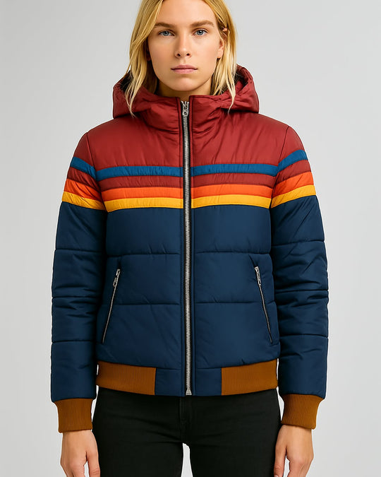 Kobieca Wodoodporna Kurtka Puchowa – Zimowa Kurtka z Kapturem w Stylu Colorblock