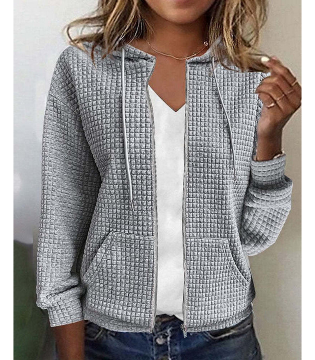 Kobieta | Teksturowana Bluza z Kapturem na Zamek | Przedni Zamek | Praktyczne Kieszenie | Nowoczesny Styl Casualowy