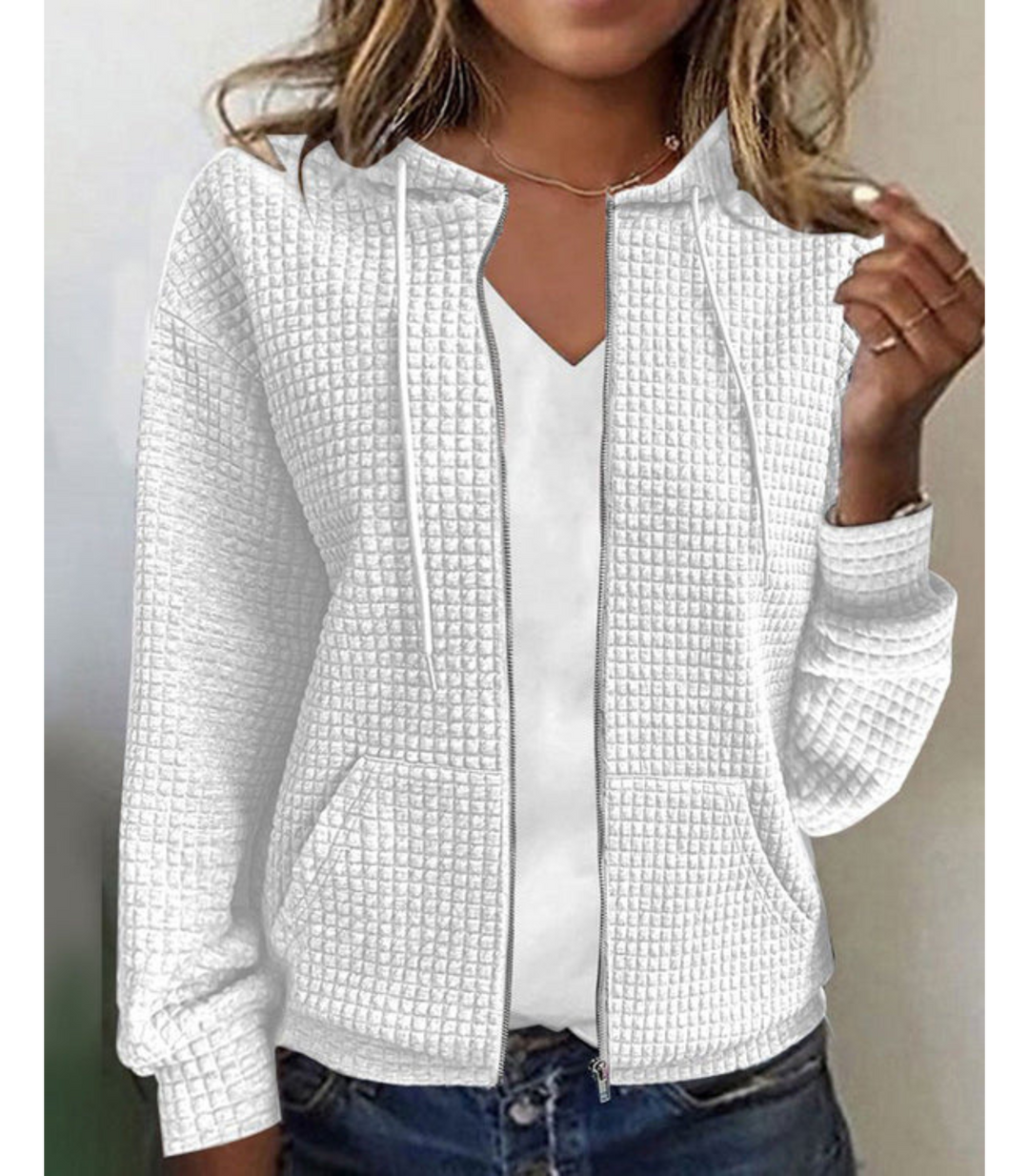 Kobieta | Teksturowana Bluza z Kapturem na Zamek | Przedni Zamek | Praktyczne Kieszenie | Nowoczesny Styl Casualowy