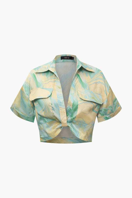 Wilderose - Elegancka Bluzka Crop z Marmurkowym Wzorem dla Pań