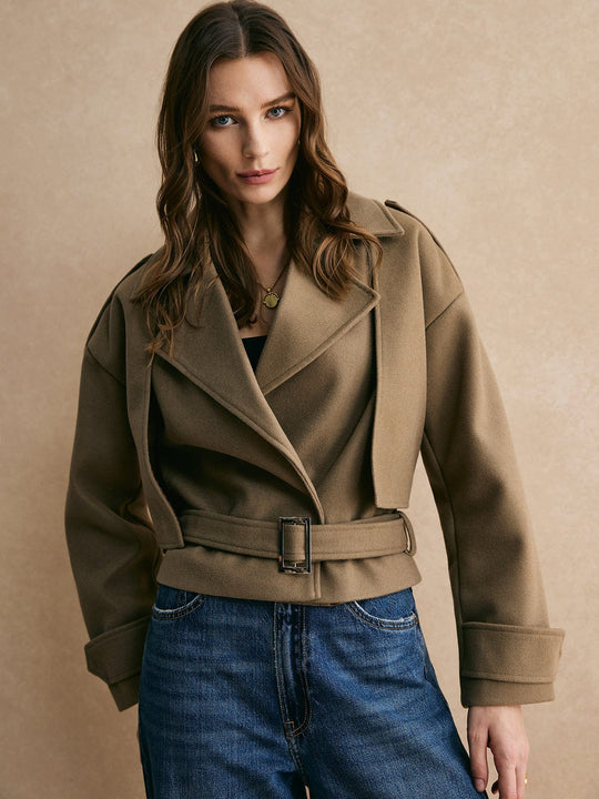 Klara | Krótki wełniany żakiet w kolorze khaki – Stylowa elegancja na każdą okazję