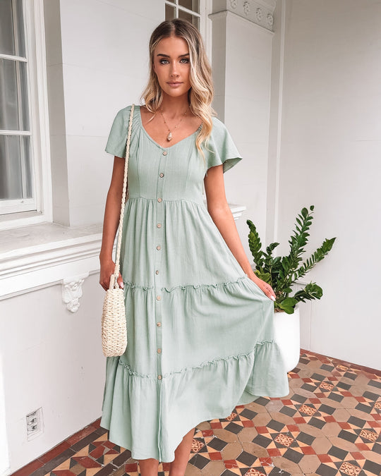 Kobieta | Sukienka Midi | Dekolt V | Guziki Z Przodu | Falbany