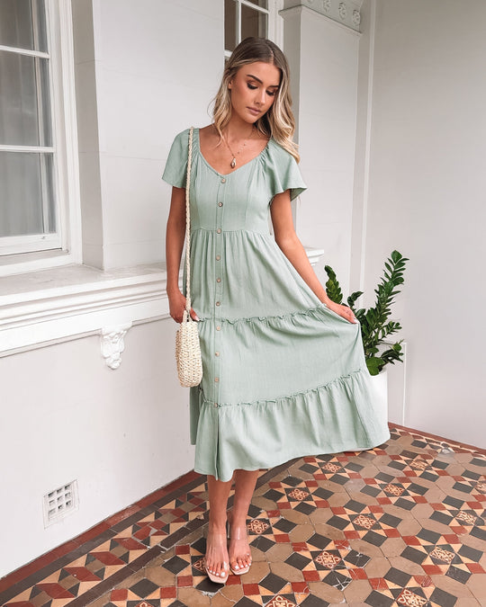 Kobieta | Sukienka Midi | Dekolt V | Guziki Z Przodu | Falbany