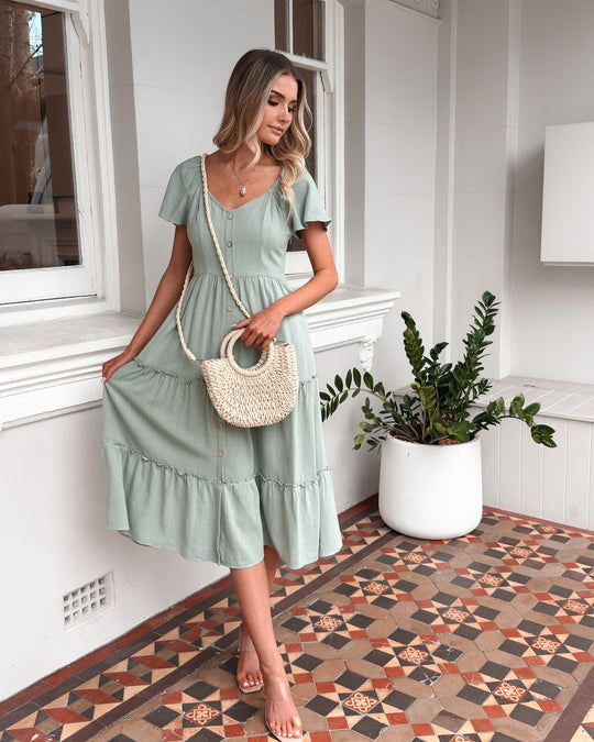 Kobieta | Sukienka Midi | Dekolt V | Guziki Z Przodu | Falbany