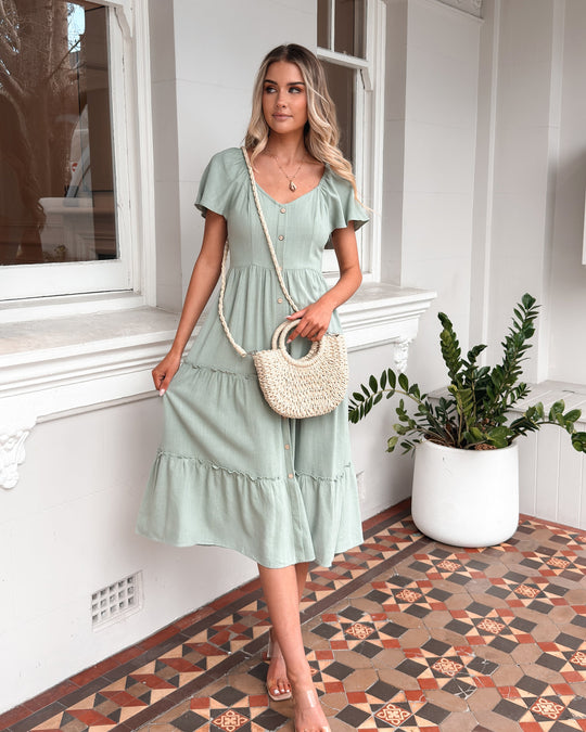 Kobieta | Sukienka Midi | Dekolt V | Guziki Z Przodu | Falbany