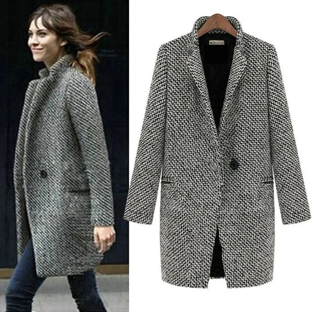 Clara - Stylowy Długi Płaszcz w Wzór Houndstooth