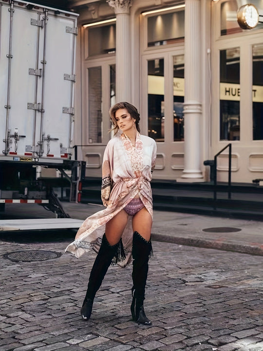 Elena Rossi | Miękki Kimono z Kwiatowym Wzorem i Wiązanym Paskiem