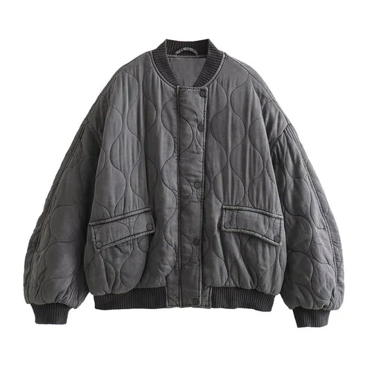 Kobieca Przeszywana Kurtka Bomber w Stylu Oversized z Zatrzaskami i Kieszeniami