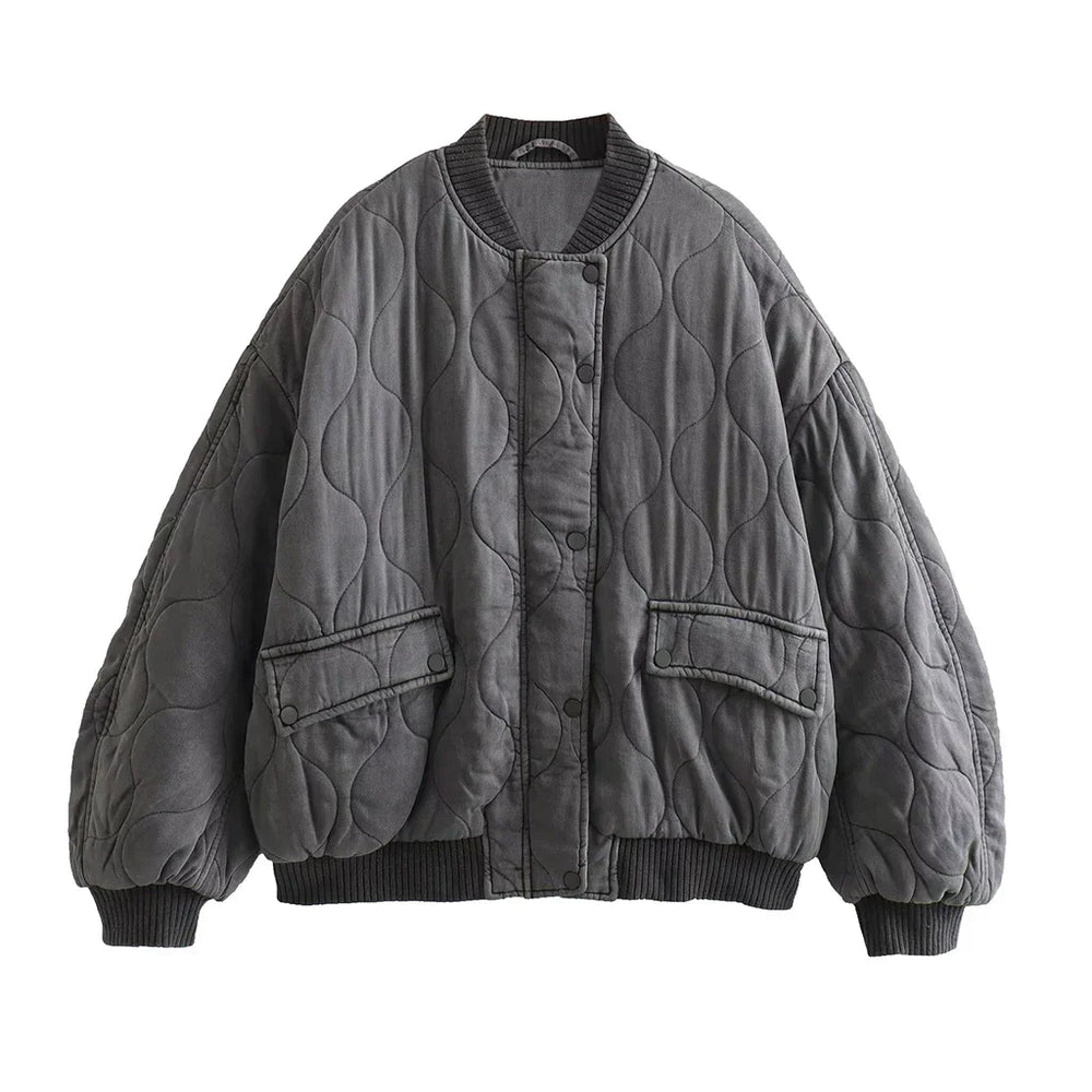 Kobieca Przeszywana Kurtka Bomber w Stylu Oversized z Zatrzaskami i Kieszeniami