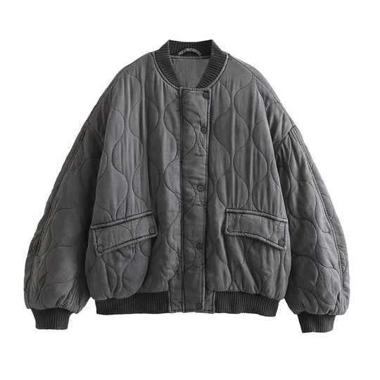 Kobieca Przeszywana Kurtka Bomber w Stylu Oversized z Zatrzaskami i Kieszeniami