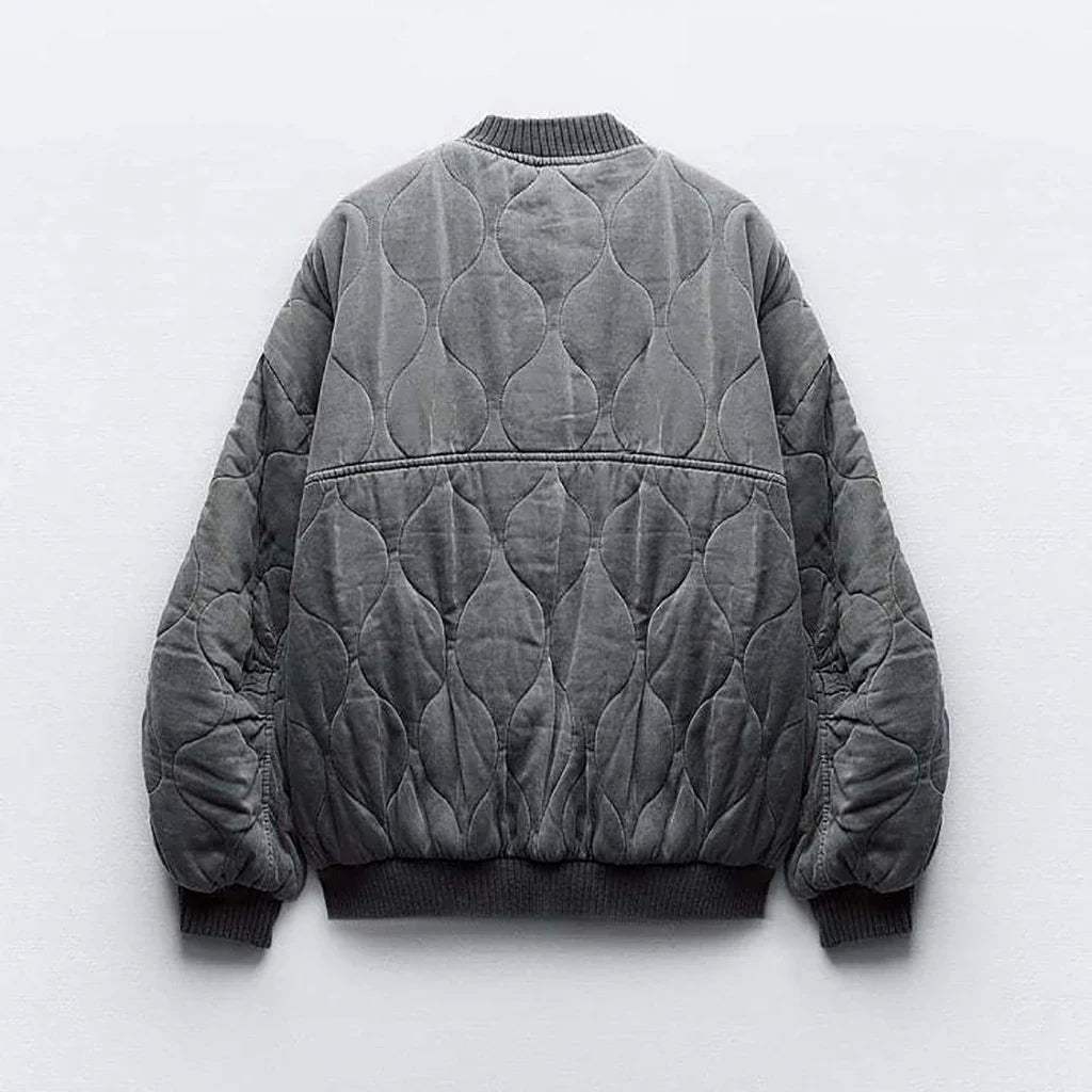 Kobieca Przeszywana Kurtka Bomber w Stylu Oversized z Zatrzaskami i Kieszeniami