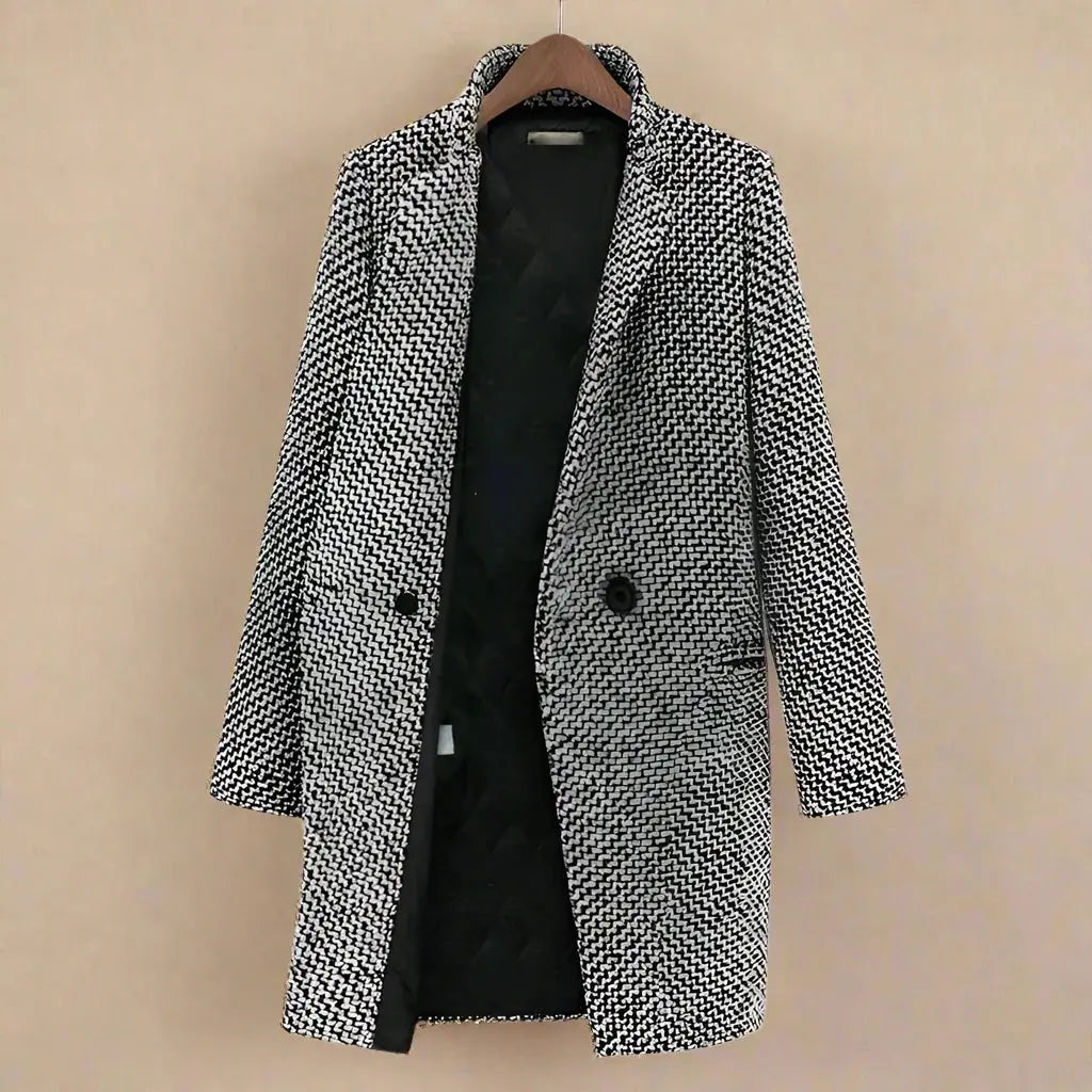 Clara - Stylowy Długi Płaszcz w Wzór Houndstooth