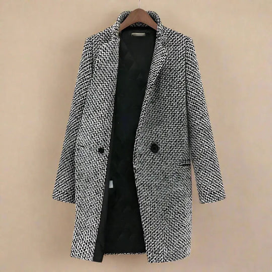 Clara - Stylowy Długi Płaszcz w Wzór Houndstooth