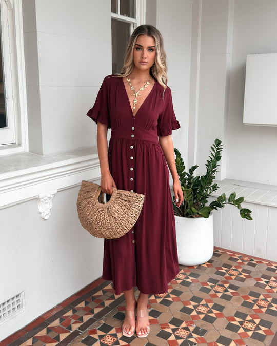 Kobieta | Sukienka Midi | Dekolt V | Guziki Z Przodu | Falbanki