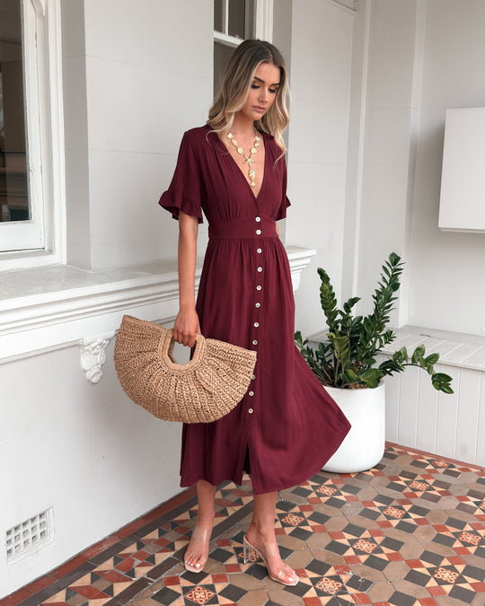 Kobieta | Sukienka Midi | Dekolt V | Guziki Z Przodu | Falbanki