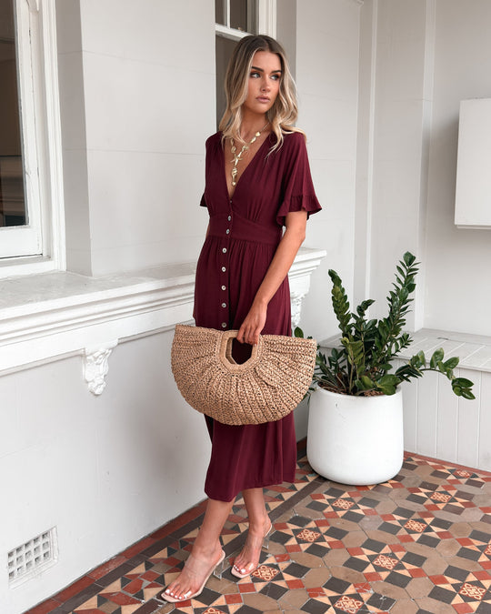 Kobieta | Sukienka Midi | Dekolt V | Guziki Z Przodu | Falbanki