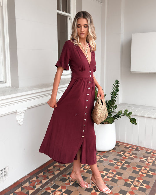 Kobieta | Sukienka Midi | Dekolt V | Guziki Z Przodu | Falbanki