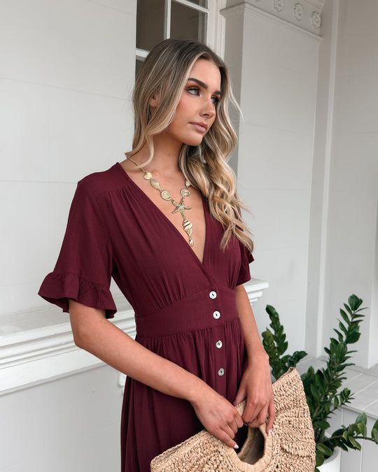 Kobieta | Sukienka Midi | Dekolt V | Guziki Z Przodu | Falbanki