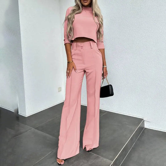 Kobieta | Zestaw 2-częściowy | Top z Krótkim Rękawem | Luźne Spodnie | Styl Casual Elegancki