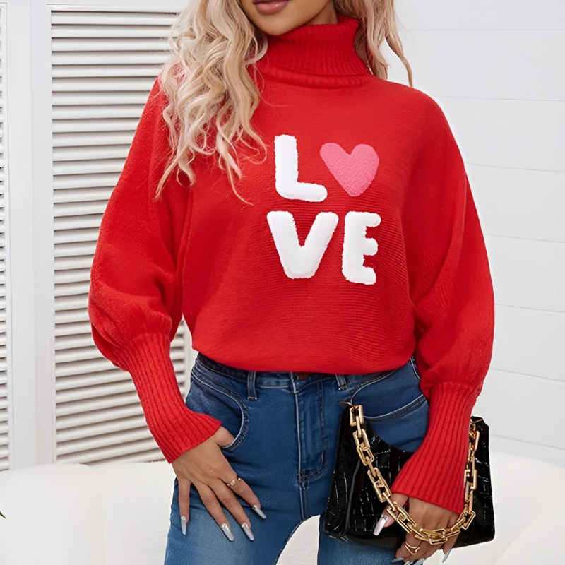 Damski sweter – Luźny krój – Rękawy typu batwing – Żebrowany kołnierz – Graficzny nadruk