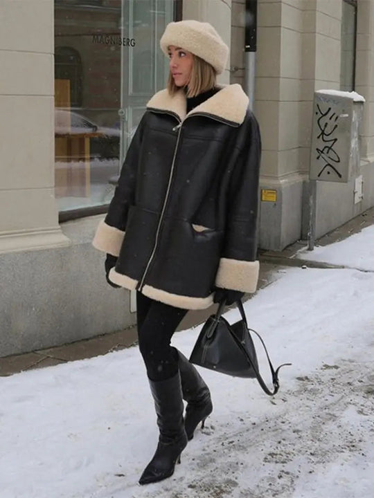 Lizzy | Oversized kurtka z sztucznej skóry z futrem w kolorze czarnym