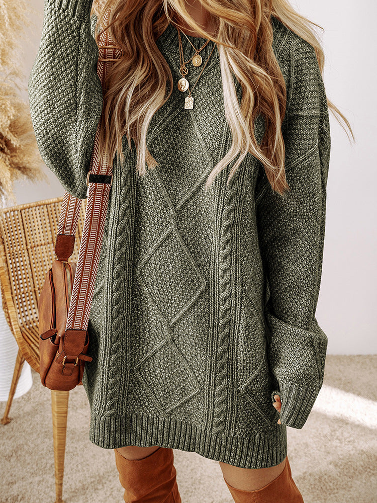 Damski Sweter – Luźny Krój – Wełniany Wygląd Kabelkowy – Długość do Kolan – Casual