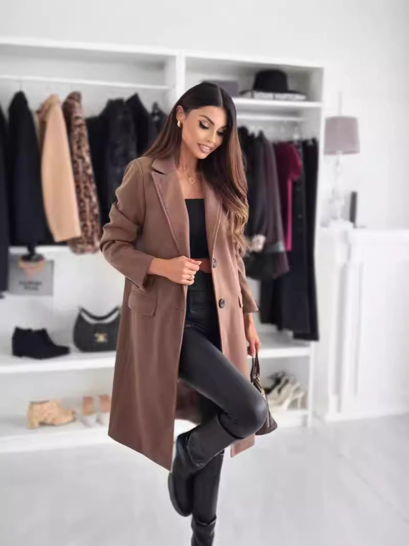 Damski Płaszcz Wełniany | Długi Rękaw | Prosty Krój | Jesień & Zima | Klasyczny Design z Kieszeniami