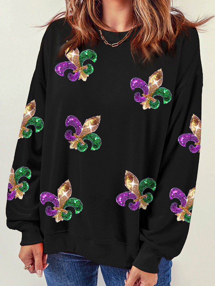 Damski Sweter – Luźny Krój – Mieszanka Bawełny – Haftowane Cekiny – Okrągły Dekolt – Casual