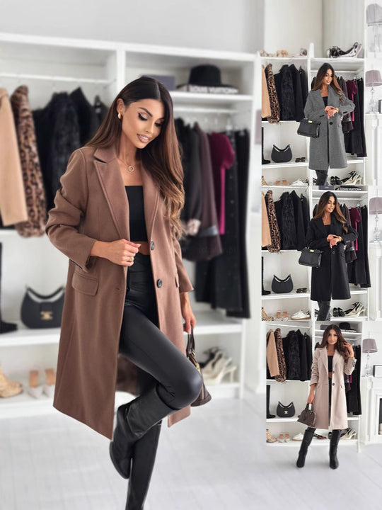 Damski Płaszcz Wełniany | Długi Rękaw | Prosty Krój | Jesień & Zima | Klasyczny Design z Kieszeniami