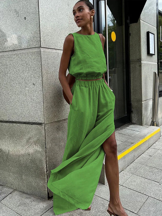 Kobieta | Letni Zestaw Lniany | Top Bez Rękawów | Długie Spodnie z Rozcięciami | Stylowy Komplet