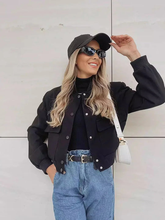 Kobieca Casual Kurtka Bomber z Przednimi Guzikami i Kieszeniami na Klapki