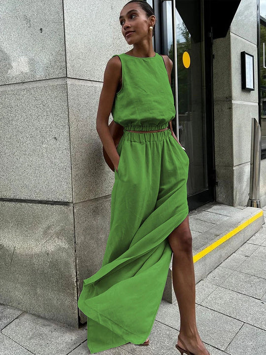 Kobieta | Letni Zestaw Lniany | Top Bez Rękawów | Długie Spodnie z Rozcięciami | Stylowy Komplet