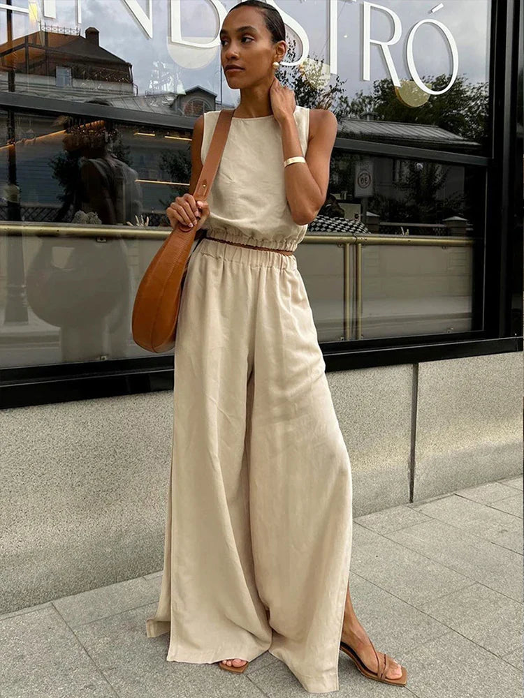 Kobieta | Letni Zestaw Lniany | Top Bez Rękawów | Długie Spodnie z Rozcięciami | Stylowy Komplet