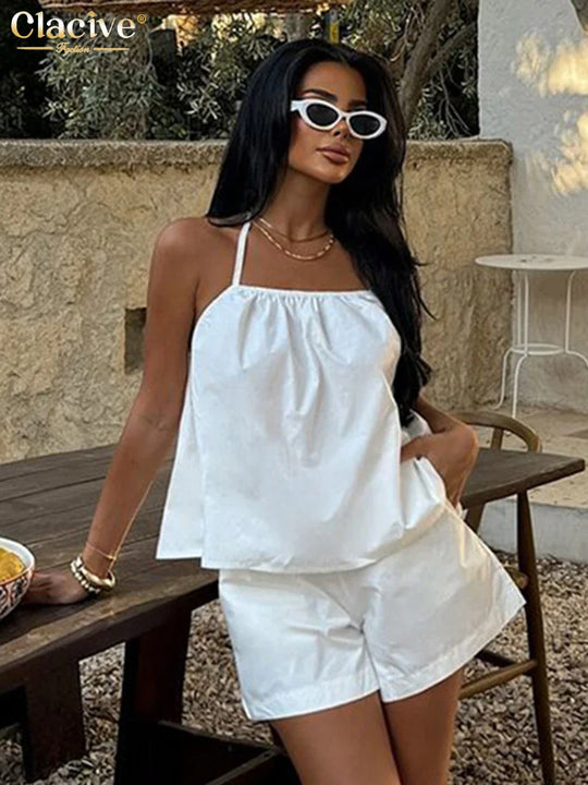 Kobieta | Elegancki Zestaw | Top Bez Rękawów | Dopasowane Szorty | Stylowy Komplet