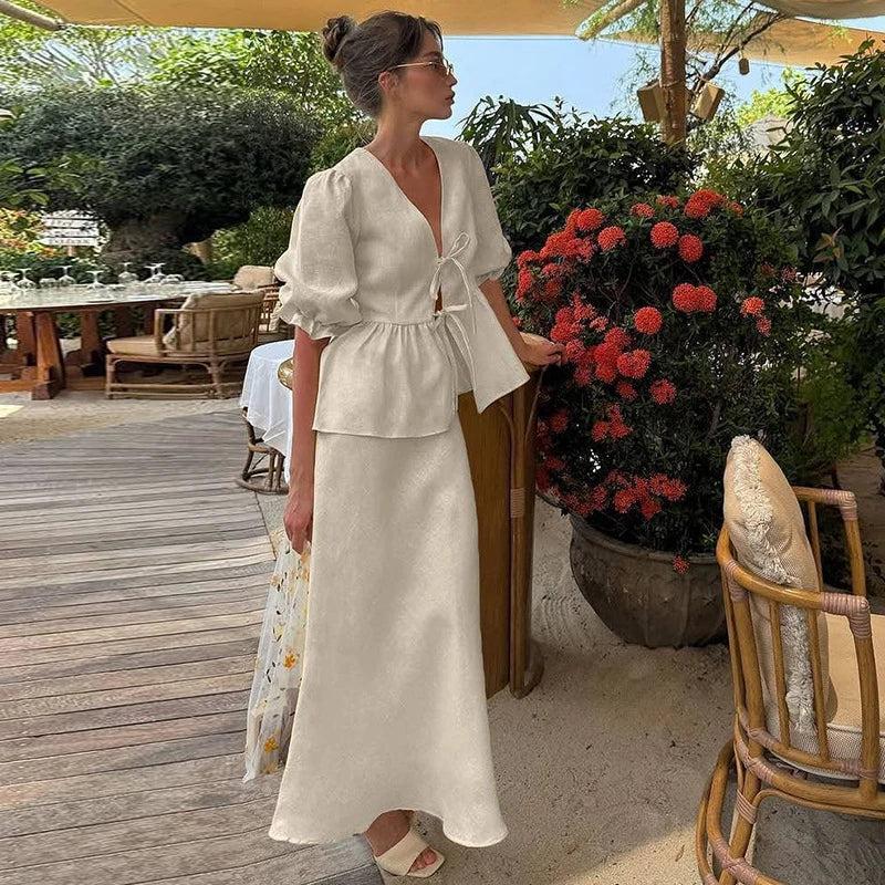 Kobieta | Elegancki Zestaw 2-Częściowy | Bluzka Vintage | Długa Spódnica | Klasyczny Komplet