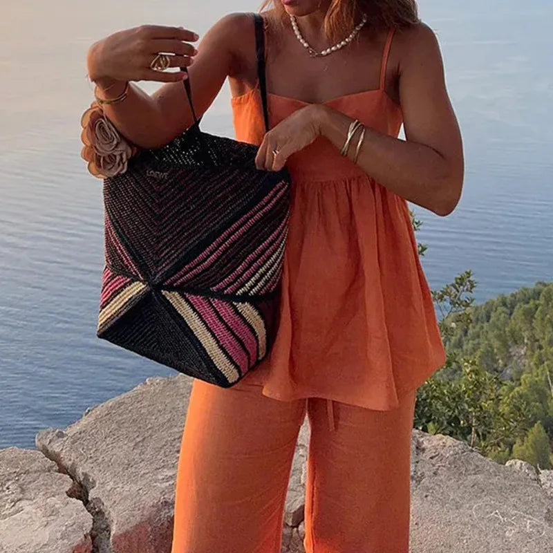 Kobieta | Uroczy Zestaw Lniany | Top Bez Rękawów Rozkloszowany | Długie Spodnie | Letni Komplet