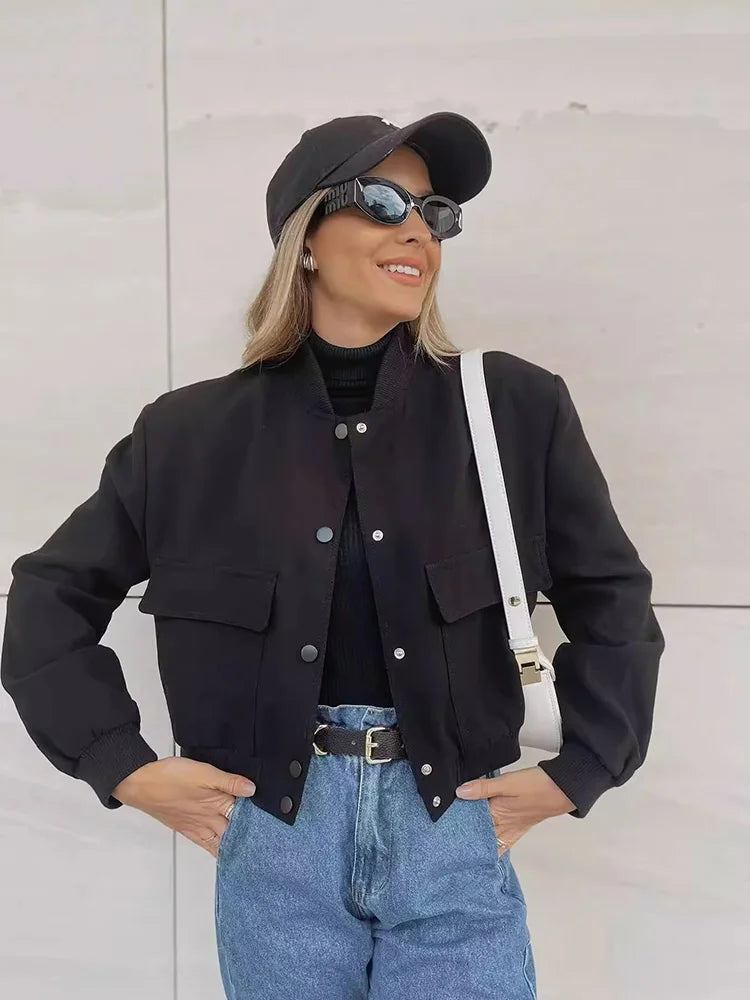 Kobieca Casual Kurtka Bomber z Przednimi Guzikami i Kieszeniami na Klapki