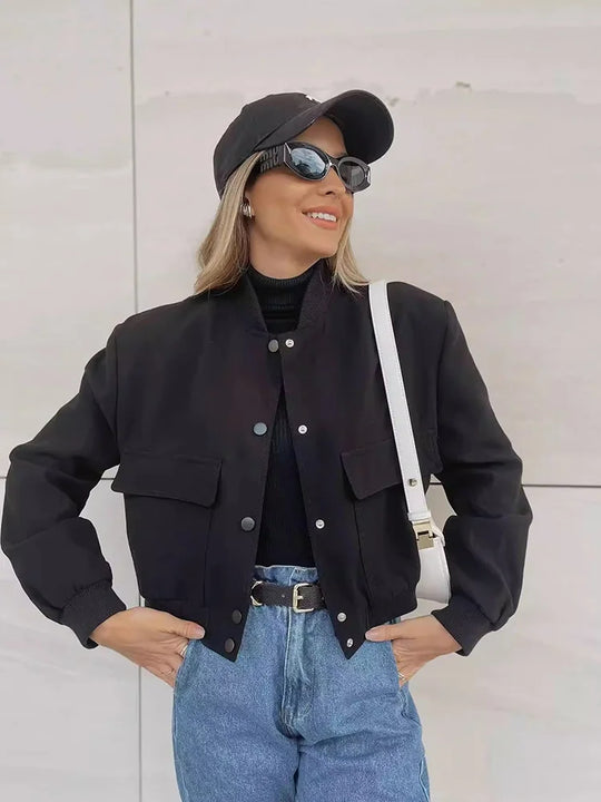 Kobieca Casual Kurtka Bomber z Przednimi Guzikami i Kieszeniami na Klapki