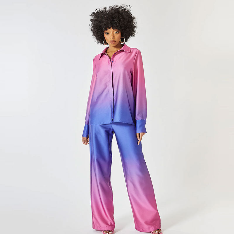 Kobieta | Elegancki Zestaw 2-częściowy | Bluzka z Długim Rękawem | Spodnie z Rozszerzanymi Nogawkami | Styl Nowoczesny