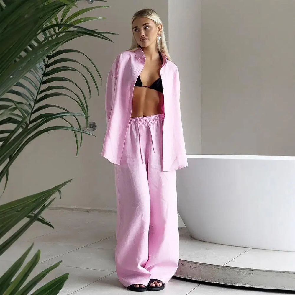 Kobieta | Stylowy Zestaw Lniany | Koszula z Długim Rękawem | Długie Spodnie | Oversizowy Komplet