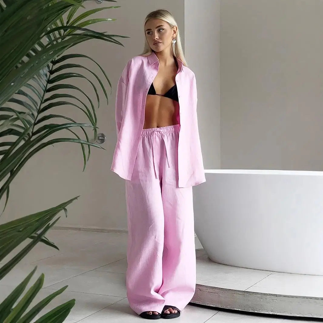 Kobieta | Stylowy Zestaw Lniany | Koszula z Długim Rękawem | Długie Spodnie | Oversizowy Komplet