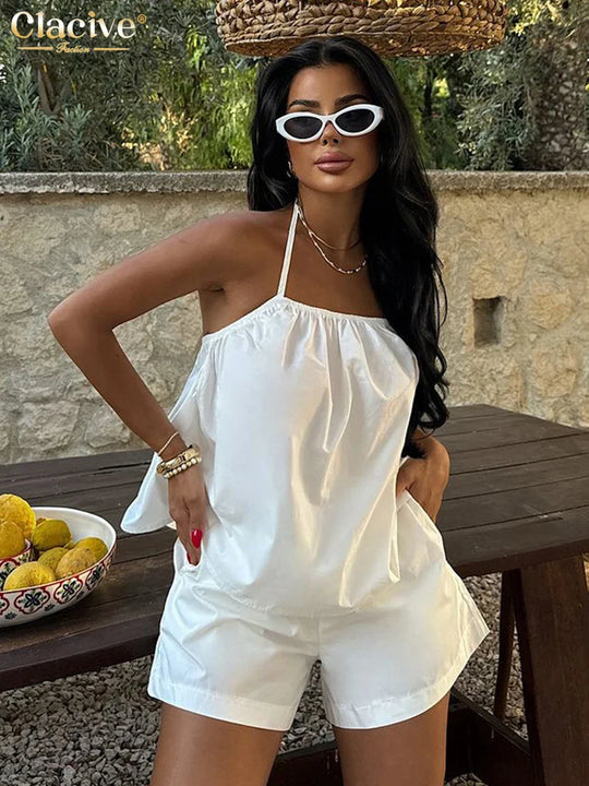 Kobieta | Elegancki Zestaw | Top Bez Rękawów | Dopasowane Szorty | Stylowy Komplet