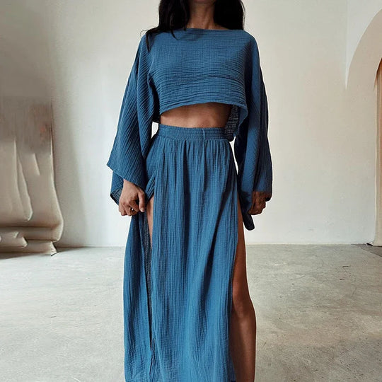 Kobieta | Stylowy Zestaw 2-Częściowy | Crop Top z Długim Rękawem | Długa Spódnica z Rozcięciami | Nowoczesny Komplet